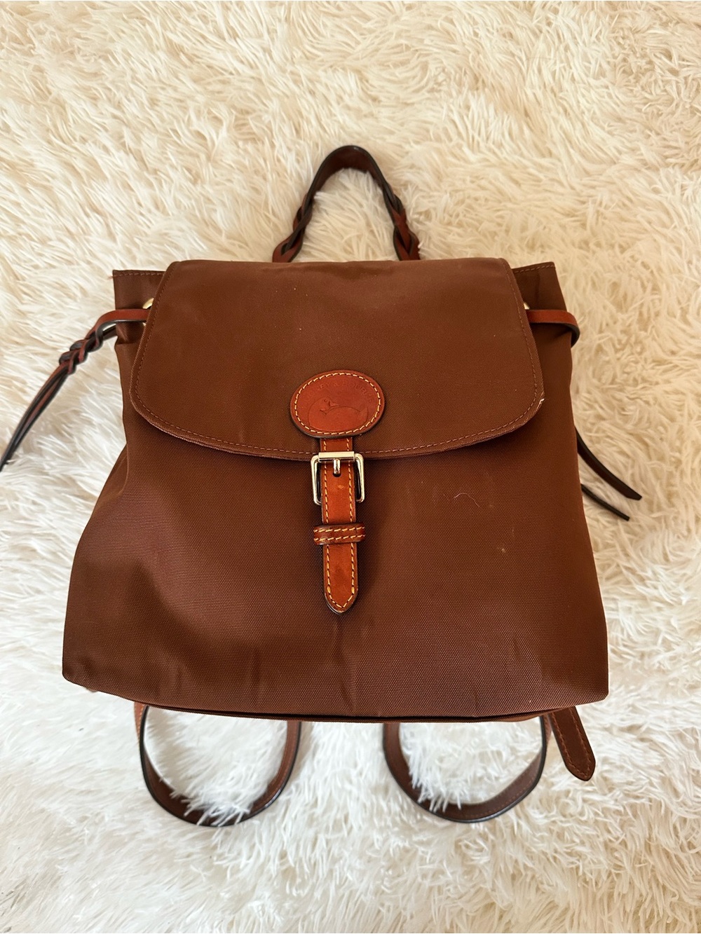 Dooney & Burke Classic Brown Leather-Trim Backpack Purse